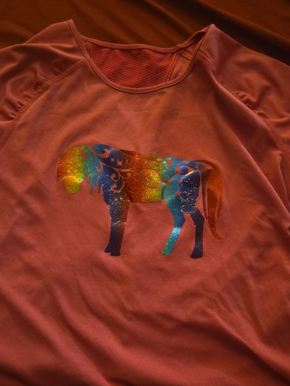 Girls' Pink Iridescent Horse Graphic Puffy Sleeve, Sze Youth Lge